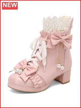 Lace Up Ankle Boots with Bow Kawaii Shoes Chunky Mid Heel